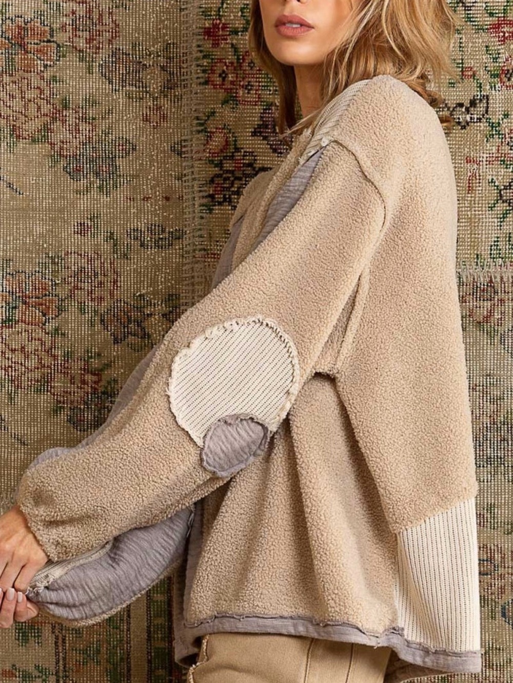 POL Patchwork Quarter Zip Pullover in Taupe and Beige - Size: Small - Picture 12 of 14